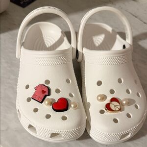 CROCS White Clogs with Red and Pink Charms